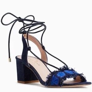 New Kate Spade Embroidered Denim Ankle Tie Block Heels Sandals Women’s Size 6